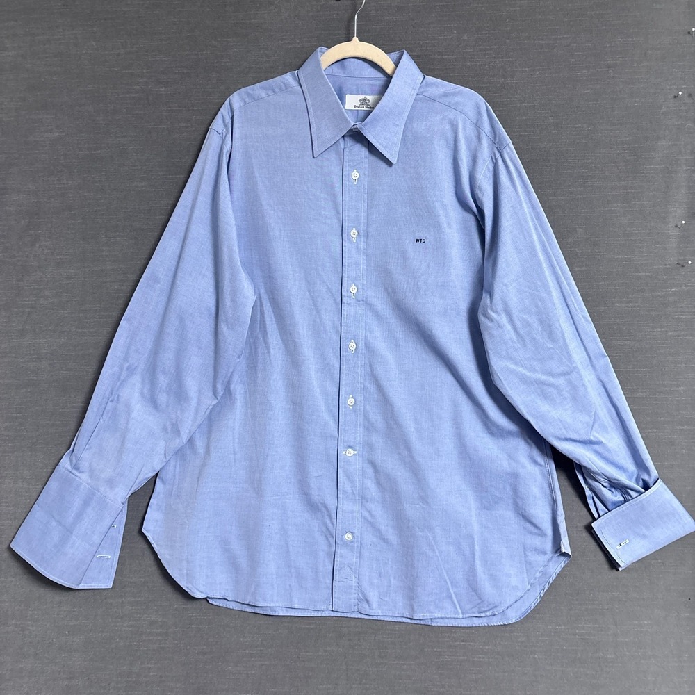 Oxxford Clothes Shirt 17.25 37 Blue Double French Cuff USA Custom Monogram